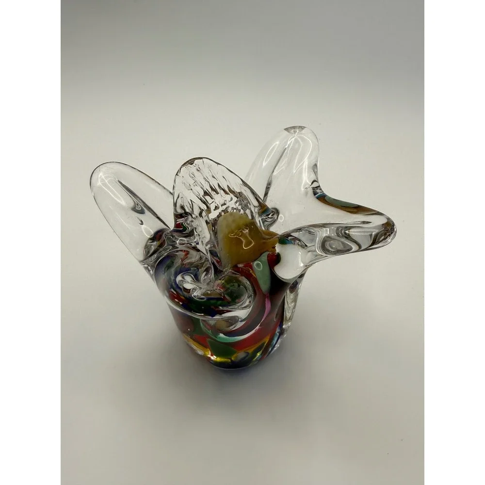 Murano Style Art Glass Vase Multi Color Confetti Hand Blown Pulled Rim Vintage